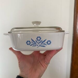 White Ceramic Covered Casserole Dish with Blue Floral Design